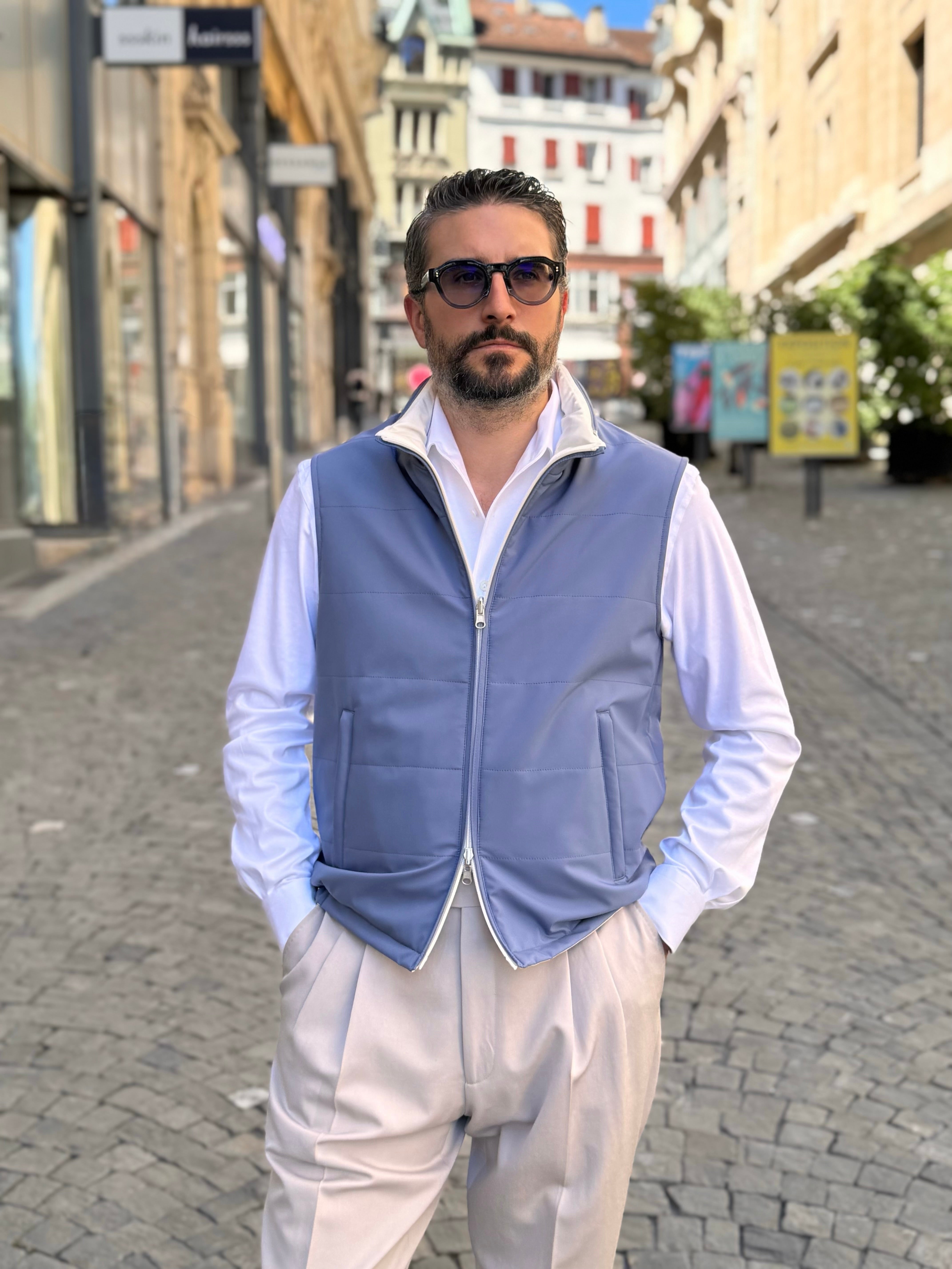 Reversible Sleeveless Jacket - Steel blue & White