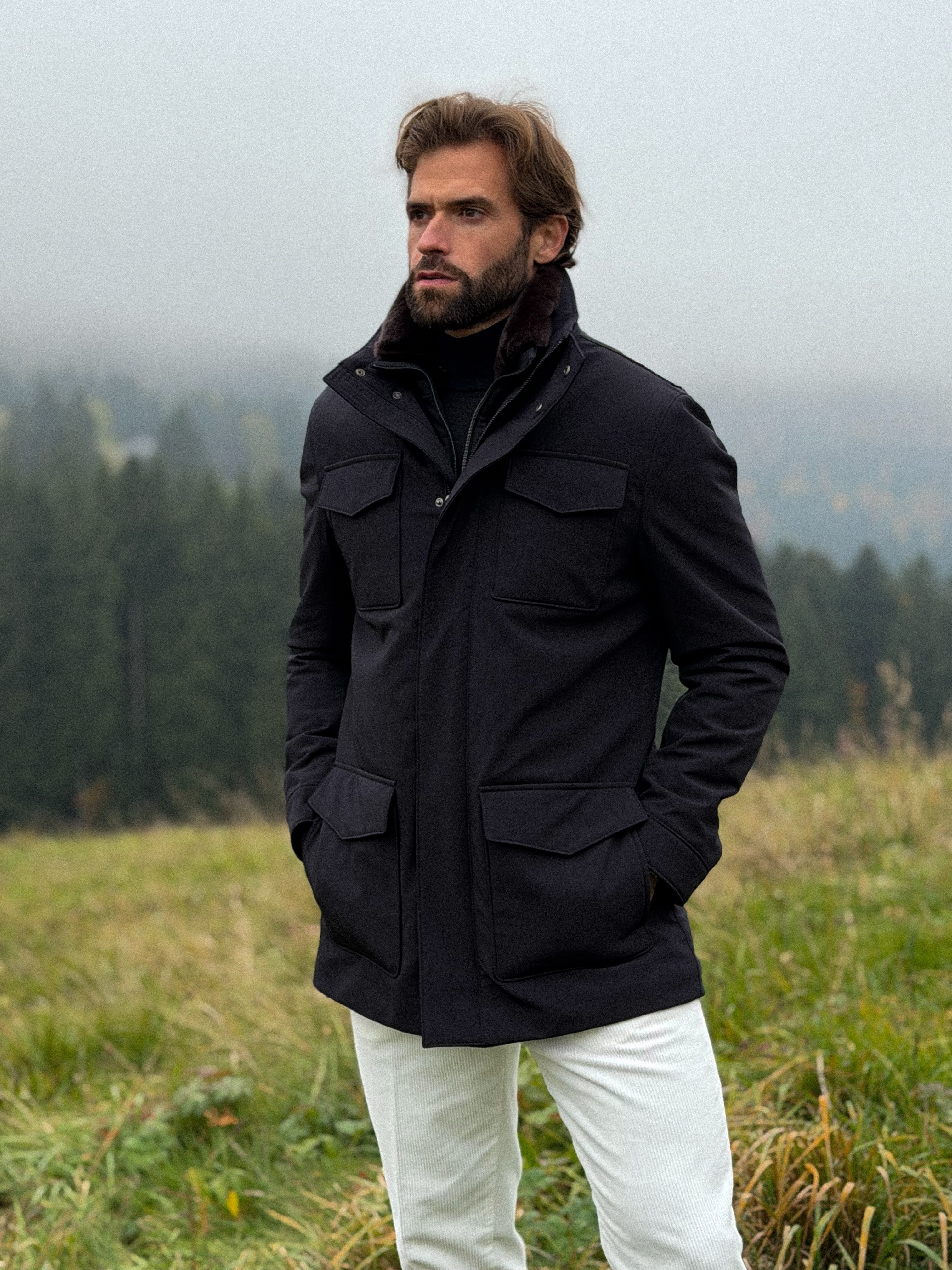 Waterproof Field Jacket with Fur Collar - Navy