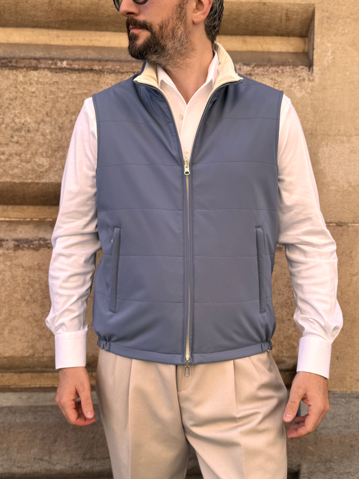 Reversible Sleeveless Jacket - Steel blue & White