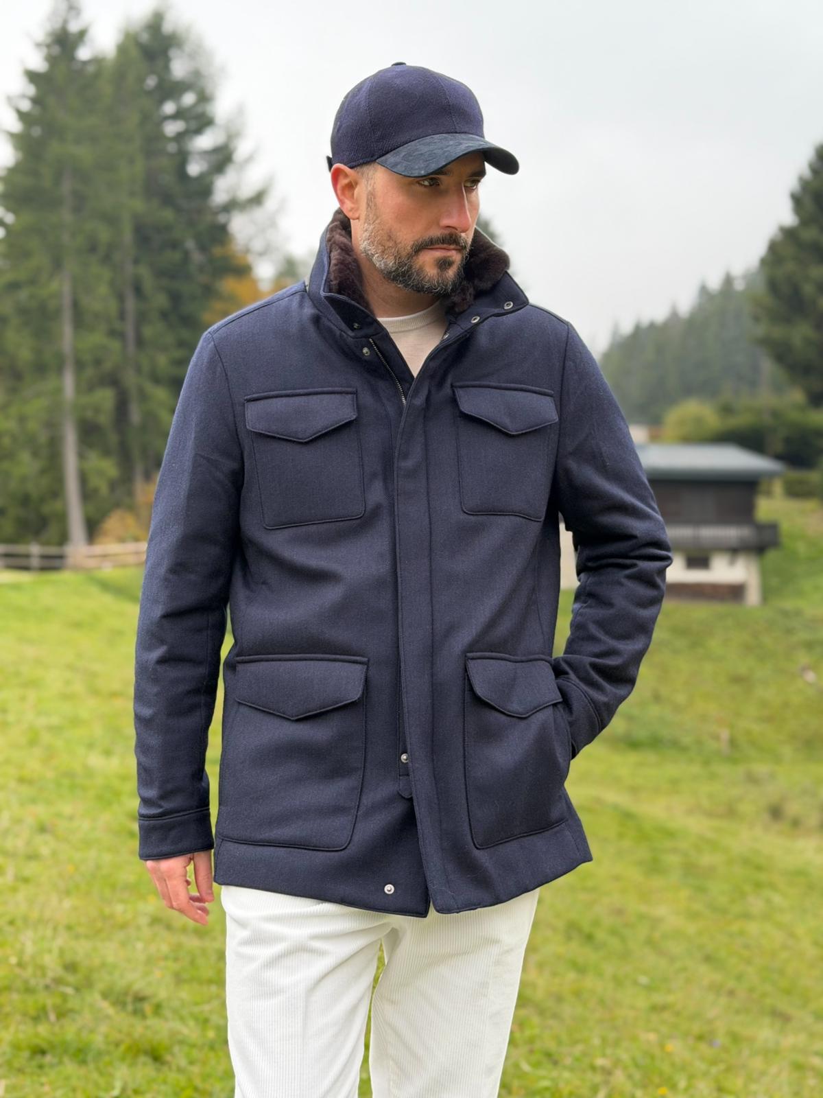 Field Jacket with Fur Collar - Navy
