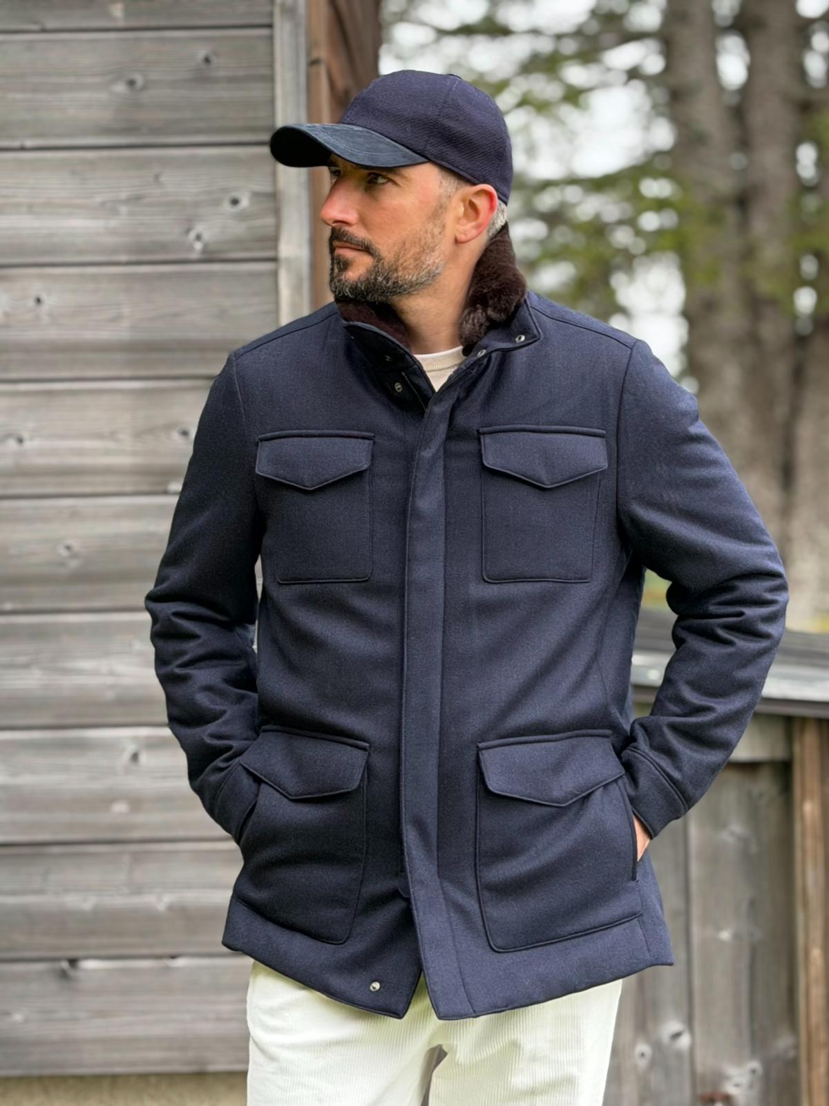 Field Jacket with Fur Collar - Navy
